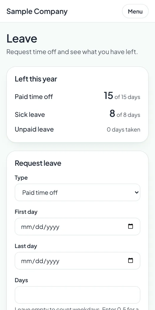 The leave screen on a phone, with balances and a request form