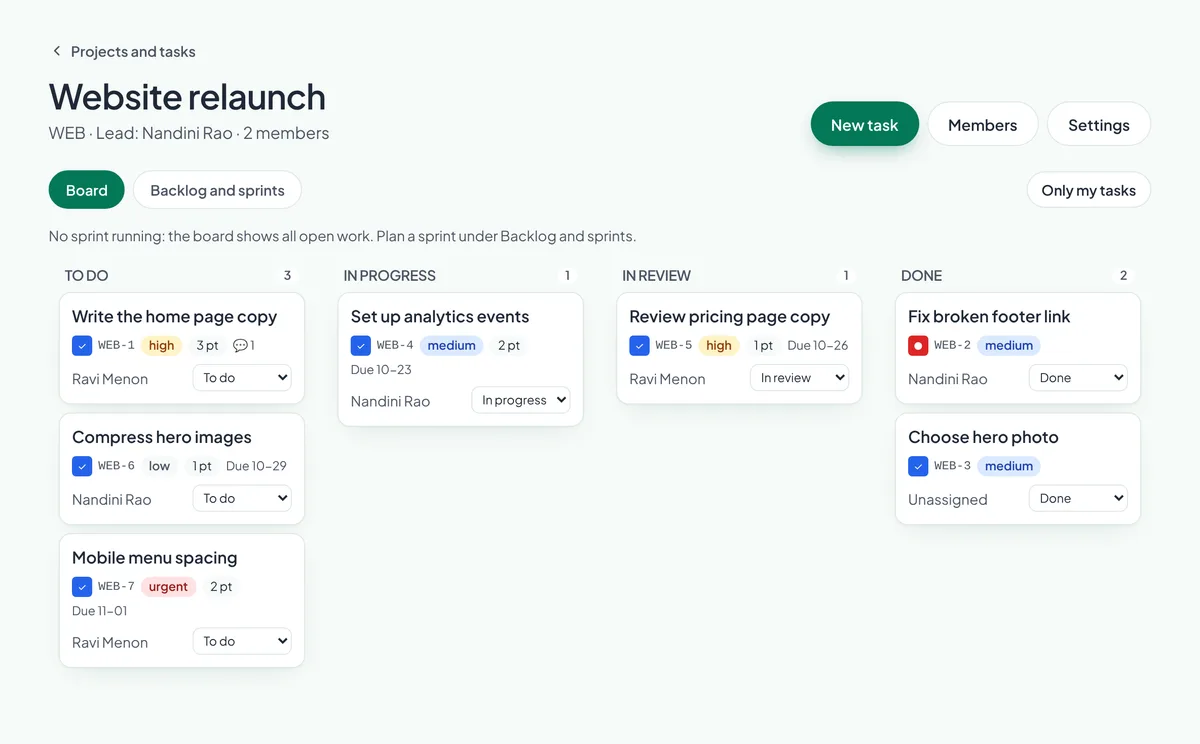 A project board with tasks in To do, In progress, In review and Done
