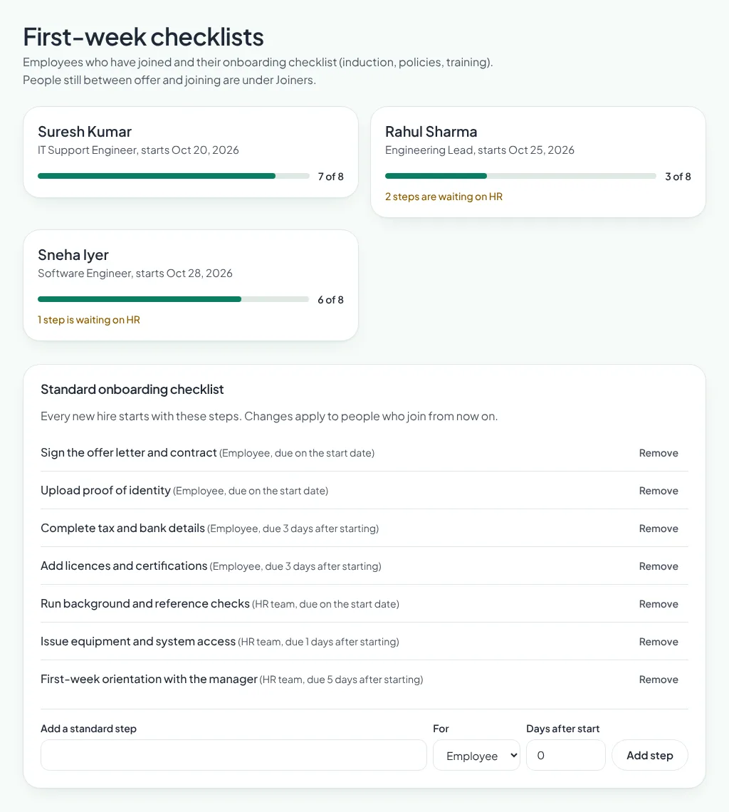 First-week checklists: each joiner's progress, the steps waiting on HR, and the standard onboarding checklist